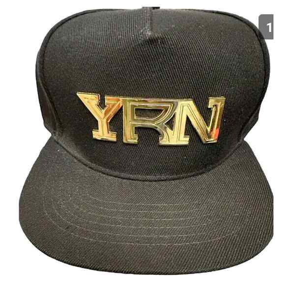 NEW YRN Metal Gold Logo Men Adjustable Snapback Black Hat Cap Wool Blend NWT - Picture 1 of 6